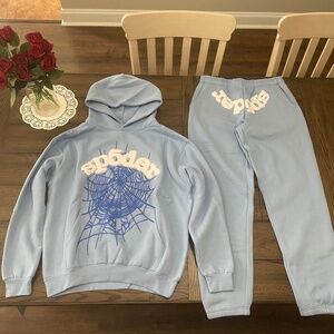 Sky Blue Sp5der Hoodie & Pants Size Medium